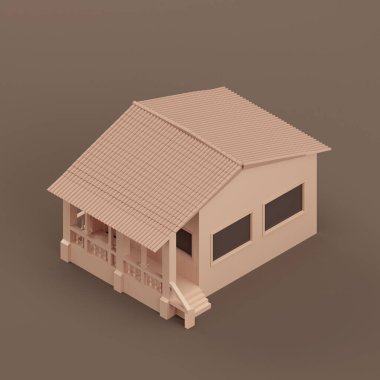 Isometric detached house, miniature detached house model flat and solid brown color, 3d Rendering, nobody