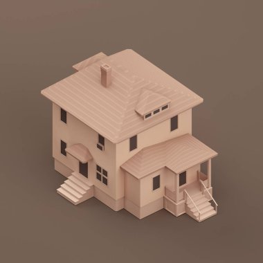 Isometric detached house, miniature detached house model flat and solid brown color, 3d Rendering, nobody