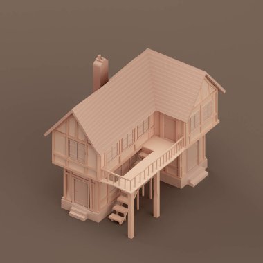 Isometric property, monochrome single village house, miniature real estate property, a house flat and solid brown color, 3d Rendering, nobody