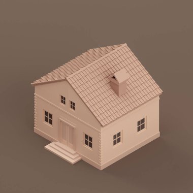 Isometric detached house, miniature detached house model flat and solid brown color, 3d Rendering, nobody