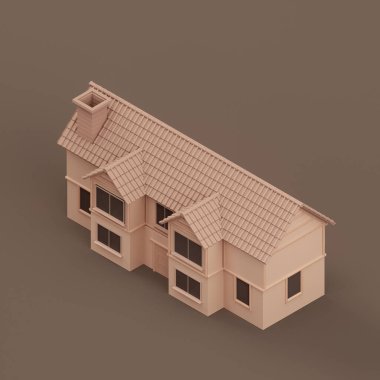 Isometric house, miniature real estate property, a house flat and solid brown color, 3d Rendering, nobody