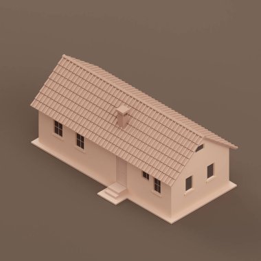 Isometric detached house, miniature detached house model flat and solid brown color, 3d Rendering, nobody
