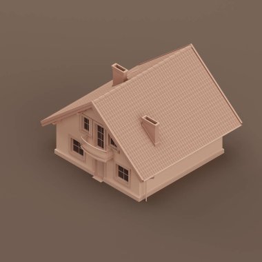 Isometric detached house, miniature detached house model flat and solid brown color, 3d Rendering, nobody