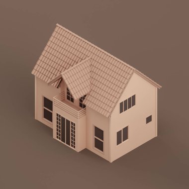 Isometric house, miniature real estate property, a house flat and solid brown color, 3d Rendering, nobody