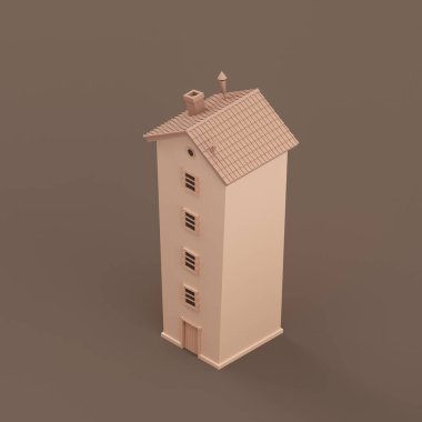 Isometric stylized thin and tall building, miniature real estate property, a house flat and solid brown color, 3d Rendering, nobody