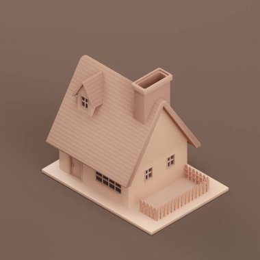 Isometric detached house, miniature detached house model flat and solid brown color, 3d Rendering, nobody