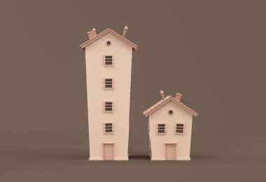 Stylized thin and tall building, miniature house models flat and solid brown color, 3d Rendering, nobody