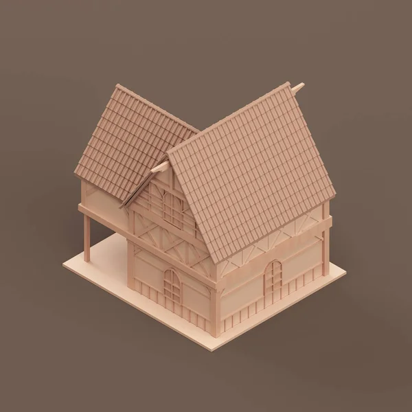 アイソメトリックプロパティ モノクロ単一の村の家 ミニチュア不動産 家フラットと固体茶色の色 3Dレンダリング — ストック写真
