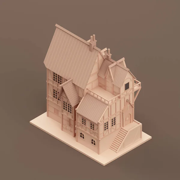アイソメトリックプロパティ モノクロ単一の村の家 ミニチュア不動産 家フラットと固体茶色の色 3Dレンダリング — ストック写真