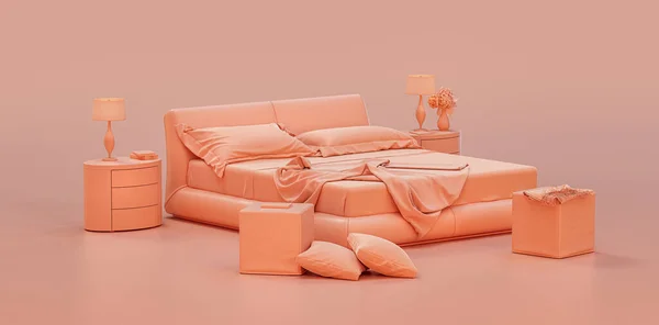 Çift katlı yatak odası sahnesi, battaniye, yastık ve yan masalar. Pembe renkli iç oda, düz tek renk kompozisyon, 3D çizim, kimse yok.