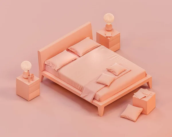 Isométrica Escena Dormitorio Monocromático Con Una Cama Doble Sábana Manta —  Fotos de Stock