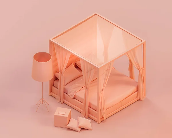 Izometrikus Monokróm Hálószobás Jelenet Franciaággyal Lepedővel Takaróval Párnákkal Asztallal Rózsaszín — Stock Fotó
