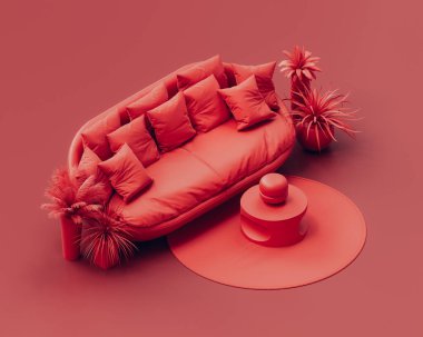 Isometric tek renkli tek renkli kırmızı renkli oturma odası kanepe ve yan masa, kırmızı oda. Hiç kimse. 3d oluşturma