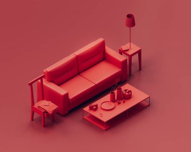 Isometric tek renkli tek renkli kırmızı renkli oturma odası kanepe ve yan masa, kırmızı oda. Hiç kimse. 3d oluşturma