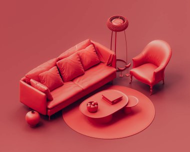 Kanepesi, lambası, sehpası ve kırmızı odası olan tek renkli tek renkli oturma odası. Hiç kimse. 3d oluşturma