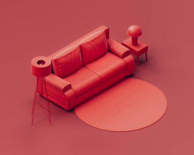 Kanepesi, lambası, sehpası ve kırmızı odası olan tek renkli tek renkli oturma odası. Hiç kimse. 3d oluşturma