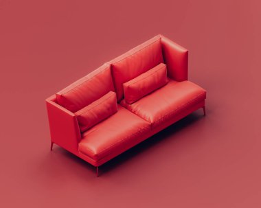 Kırmızı bir odada tek renkli kırmızı kanepe, izometrik tek kırmızı kanepe. Hiç kimse. 3d oluşturma