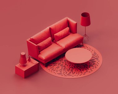 Kanepesi, lambası, sehpası ve kırmızı odası olan tek renkli tek renkli oturma odası. Hiç kimse. 3d oluşturma