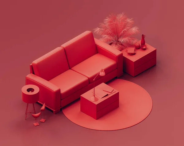 Isométrico Monocromo Solo Color Rojo Salón Interior Con Sofá Mesa — Foto de Stock