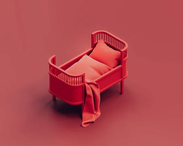 Ισομετρικό Κόκκινο Κρεβάτι Μονόχρωμο Μονό Χρώμα Τσαλακωμένο Ημιτελές Βρώμικο Κρεβάτι — Φωτογραφία Αρχείου