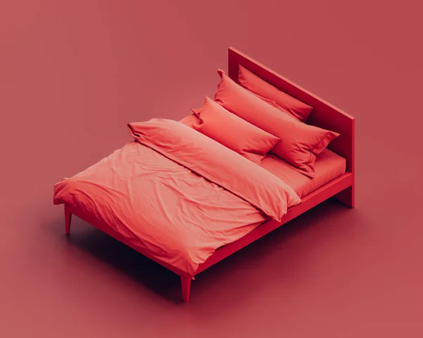 アイソメトリックレッドベッド モノクローム単色 赤の背景に未完成の乱雑なベッド フラットスタイルの寝室 誰も崩壊した 3Dレンダリング — ストック写真
