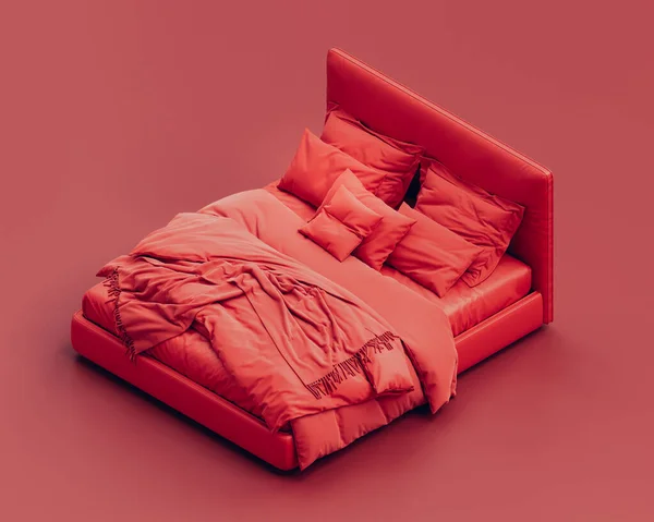 Ισομετρικό Κόκκινο Κρεβάτι Μονόχρωμο Μονό Χρώμα Τσαλακωμένο Ημιτελές Βρώμικο Κρεβάτι — Φωτογραφία Αρχείου