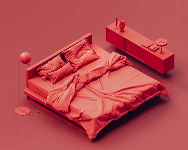 Dormitorio Color Rojo Isométrico Con Una Cama Roja Arrugada Inacabada —  Fotos de Stock