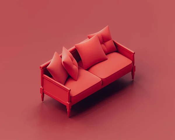 Monochromes Einfarbiges Rotes Sofa Einem Roten Raum Isometrisches Einfarbiges Rotes — Stockfoto