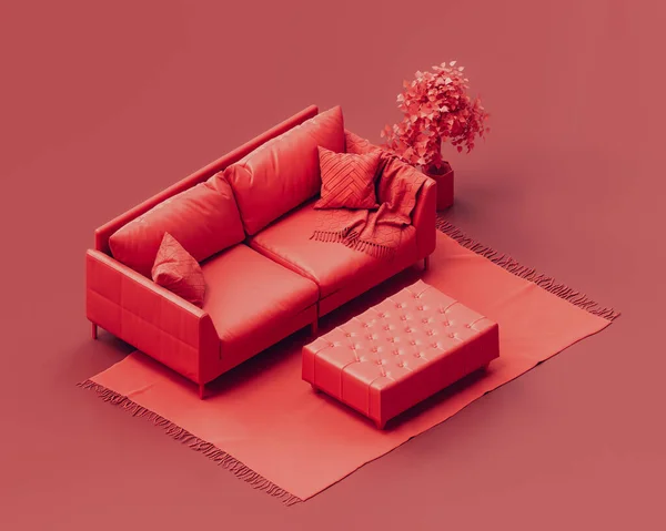 Izometrický Jednobarevný Jednobarevný Obývací Pokoj Pohovkou Postranním Stolem Červený Pokoj — Stock fotografie