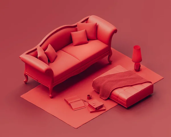 Izometryczny Monochromatyczny Pojedynczy Czerwony Kolor Wnętrza Pokój Dzienny Sofą Lampą — Zdjęcie stockowe