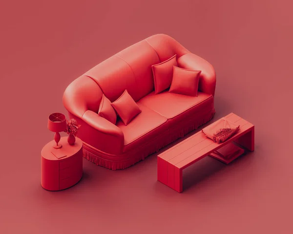 Isometric Monokrom Tunggal Warna Merah Interior Ruang Tamu Dengan Sofa — Stok Foto