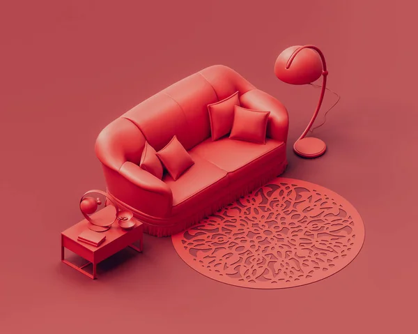 ソファ 床ランプとサイドテーブル 赤い部屋とアイソメトリックモノクロームの単色のインテリアリビングルーム 3Dレンダリング — ストック写真