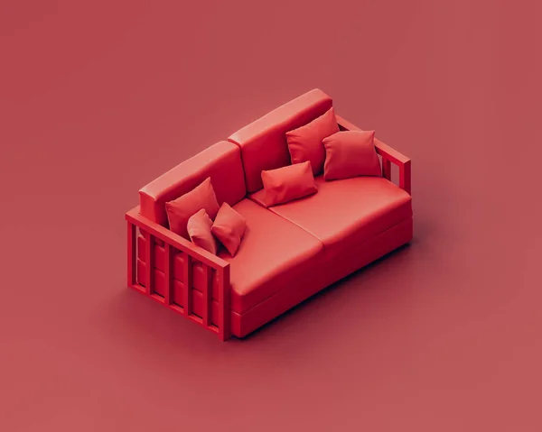 Monochromatyczna Jednokolorowa Czerwona Sofa Czerwonym Pokoju Izometryczna Pojedyncza Czerwona Kanapa — Zdjęcie stockowe