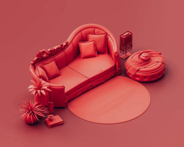 Isométrico Monocromático Única Cor Vermelha Interior Sala Estar Com Sofá Fotografias De Stock Royalty-Free