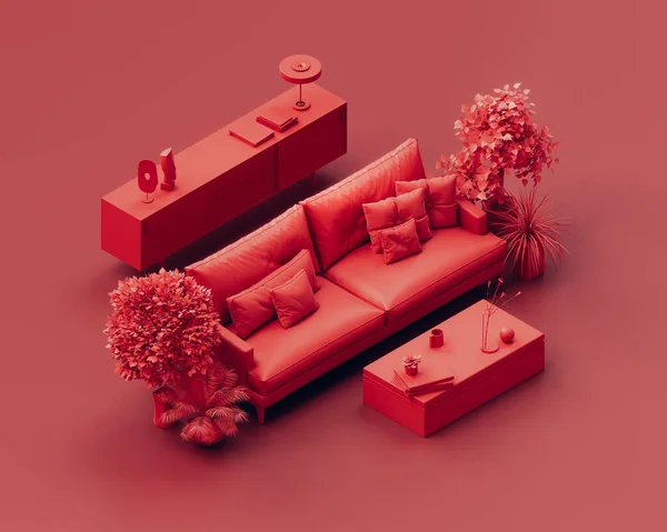 Isométrico Monocromo Solo Color Rojo Salón Interior Con Sofá Mesa Imagen de stock