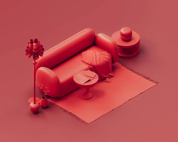 Isométrico Monocromo Solo Color Rojo Salón Interior Con Sofá Mesa Fotos de stock libres de derechos