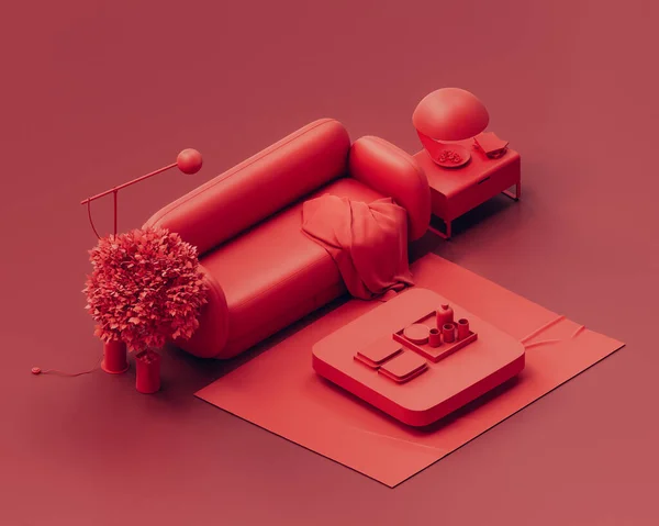 Isometric Monochrome Unique Couleur Rouge Salon Intérieur Avec Canapé Table Photos De Stock Libres De Droits