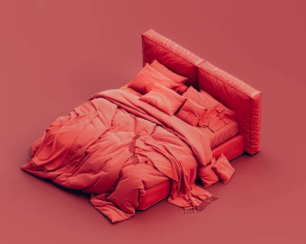 Cama Roja Isométrica Monocromo Solo Color Arrugado Cama Desordenada Inacabada Imagen de stock