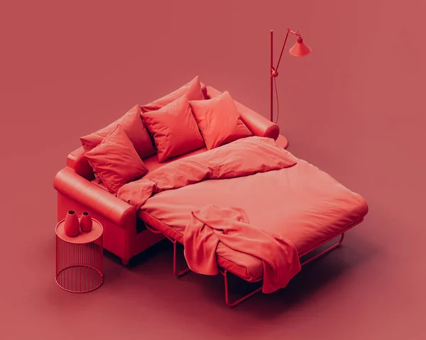 Изометрический Красный Цвет Спальня Мятой Незавершенной Грязной Красной Кроватью Одноцветная Стоковое Изображение