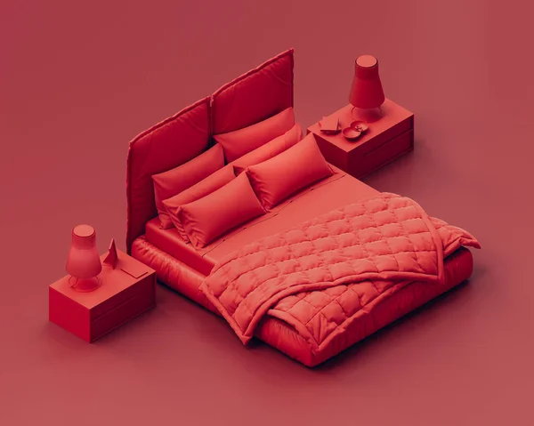 Dormitorio Color Rojo Isométrico Con Una Cama Roja Arrugada Inacabada Fotos de stock