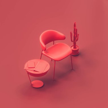 Kırmızı bir odada tek kişilik bir sandalye. Oturma odasında bitki ve sehpası olan tek renkli kırmızı sandalye. 3D görüntüleme, hiç kimse