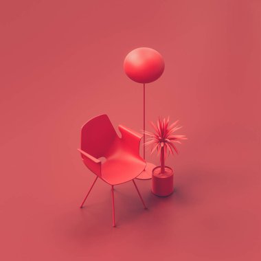 Kırmızı bir odada tek kişilik bir sandalye. Oturma odasında tek renkli kırmızı sandalye, bitki, lamba ve sehpa. 3D görüntüleme, hiç kimse