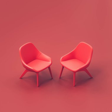 Kırmızı bir odada Isometric iki sandalye. Tek renkli kırmızı koltuklar ve boş kırmızı arka plan. 3D görüntüleme, hiç kimse
