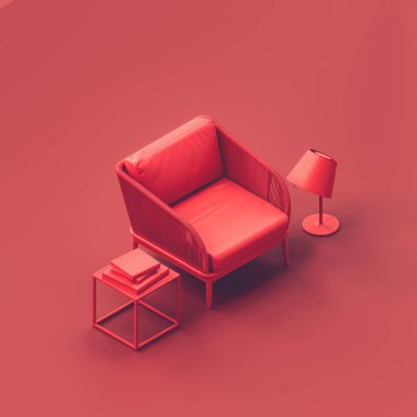 Kırmızı bir odada tek kişilik bir koltuk. Oturma odasında tek renk kırmızı koltuk, bitki, yer lambası ve sehpa. 3D görüntüleme, hiç kimse