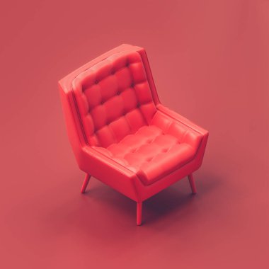 Tek kişilik koltuk. Kırmızı odada tek bir kırmızı kol sandalyesi. Tek renk kırmızısı. Düz stil kompozisyon. 3D görüntüleme, hiç kimse