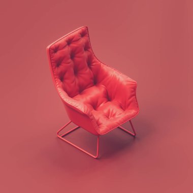 Tek kişilik koltuk. Kırmızı odada tek bir kırmızı kol sandalyesi. Tek renk kırmızısı. Düz stil kompozisyon. 3D görüntüleme, izometrik görüş, kimse yok.