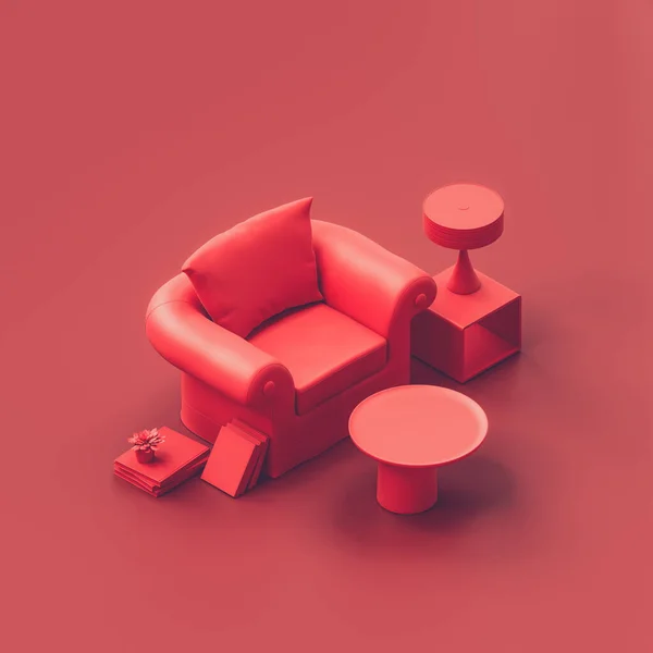 Izometryczny Fotel Czerwonym Pokoju Monochromatyczny Jednokolorowy Fotel Salonie Rośliną Lampą — Zdjęcie stockowe