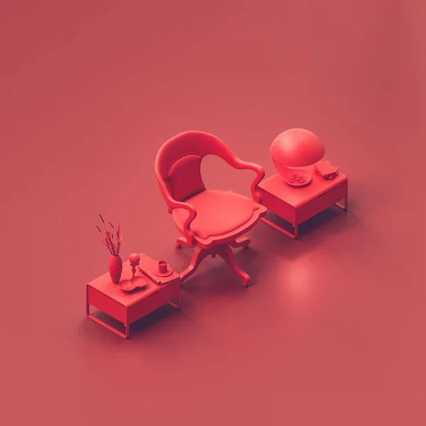 红色房间里的等距单板椅 单色单色单色红彩椅 备有植物 台灯和侧桌 3D渲染 没有人 — 图库照片