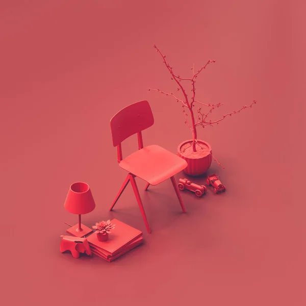 Chaise Simple Isométrique Dans Une Pièce Rouge Chaise Monochrome Couleur — Photo