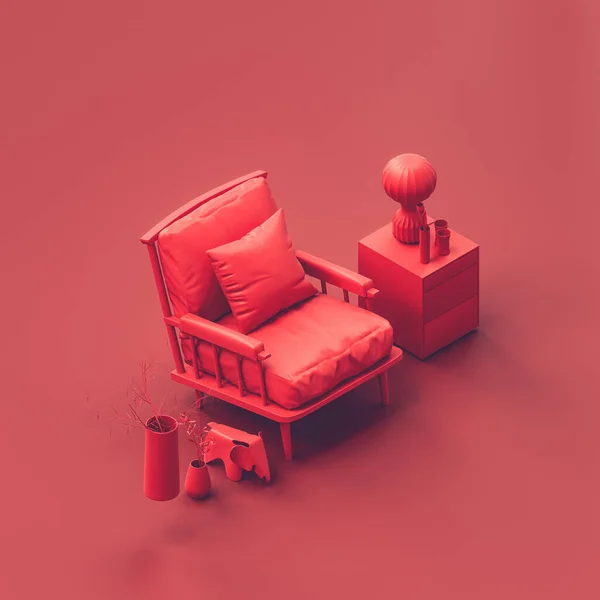Izometrikus Egykarú Szék Egy Vörös Szobában Monokróm Egyszínű Piros Fotel — Stock Fotó